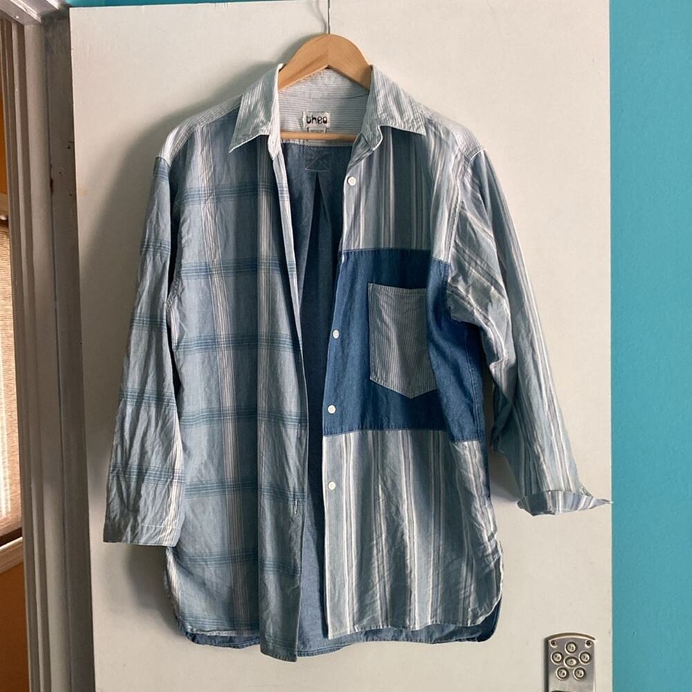 Vintage Theo Womens Size M Oversized Cotton Patchwork Denim Shirt Fits Up To XL